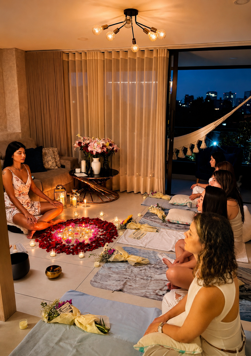 Círculo de mujeres a la luz de las velas alrededor de un mandala de flores