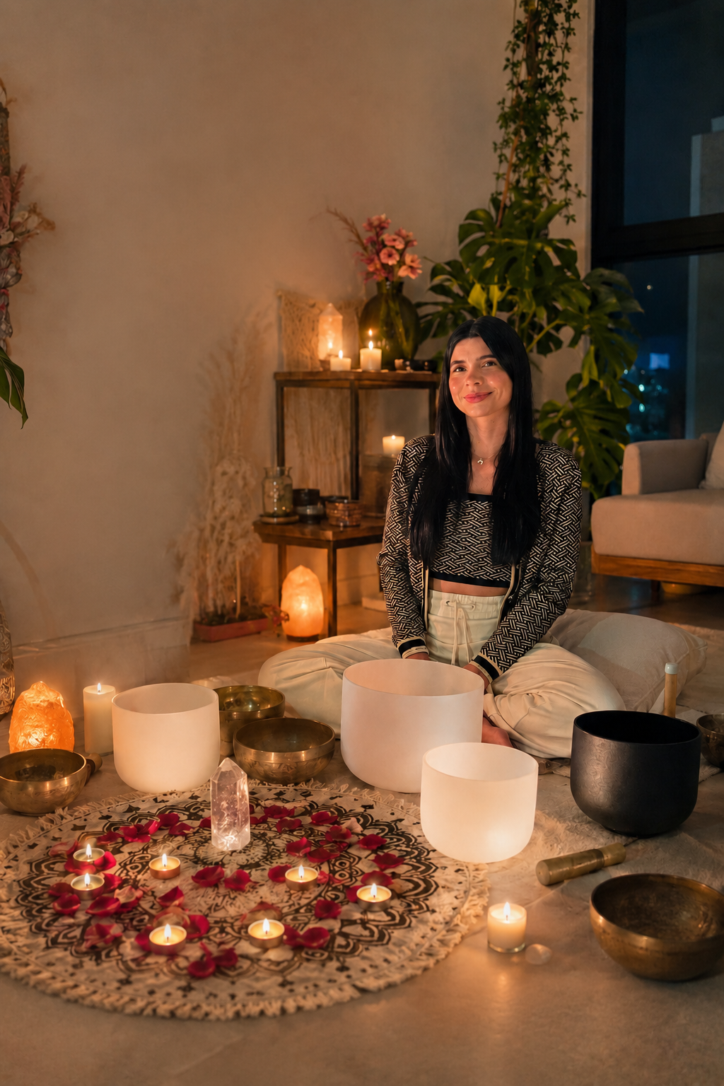 Cristina Cortés sentada junto a cuencos de cuarzo en una sesión de sound healing